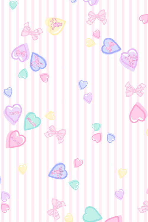 Pastel-colored heart and bow pattern on a pink background