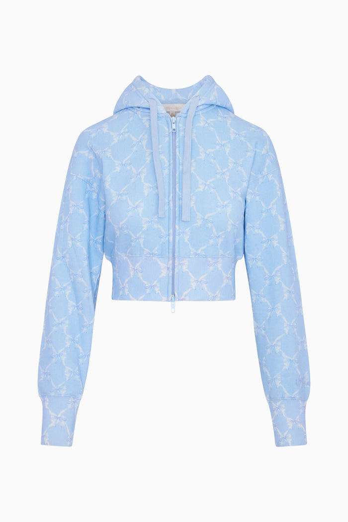 Light blue hoodie with subtle pattern on a white background