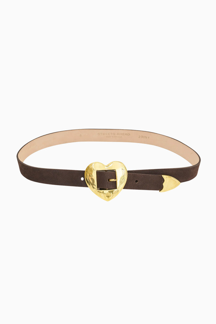 Brown belt with a gold heart-shaped buckle on a white background