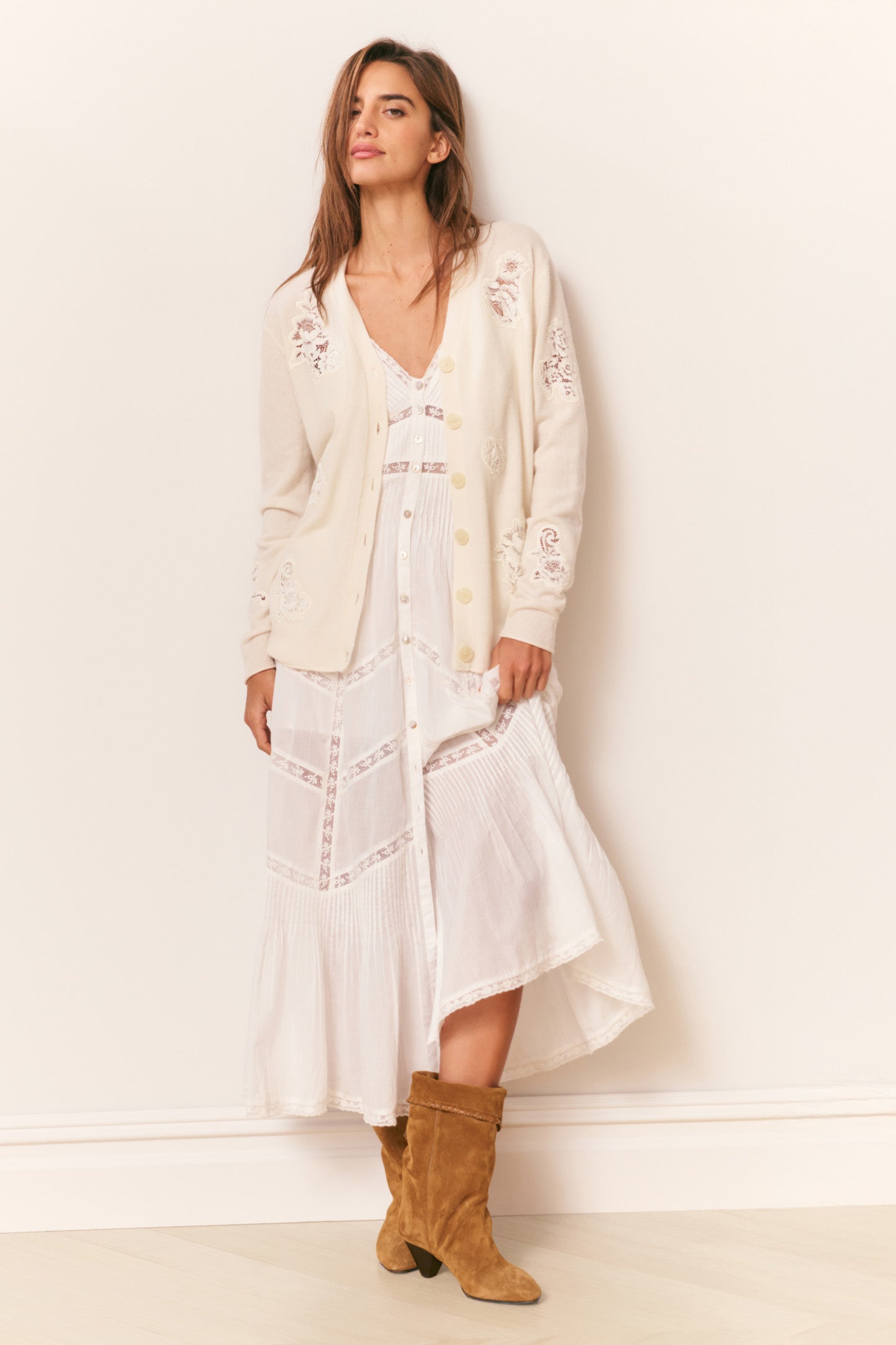 トップス theredthread S cutting lace dress Tiered Lace Cotton V-Neck Spaghetti Strap Midi Sundress