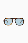 Sunglasses with tortoiseshell frame and blue lenses on a white background