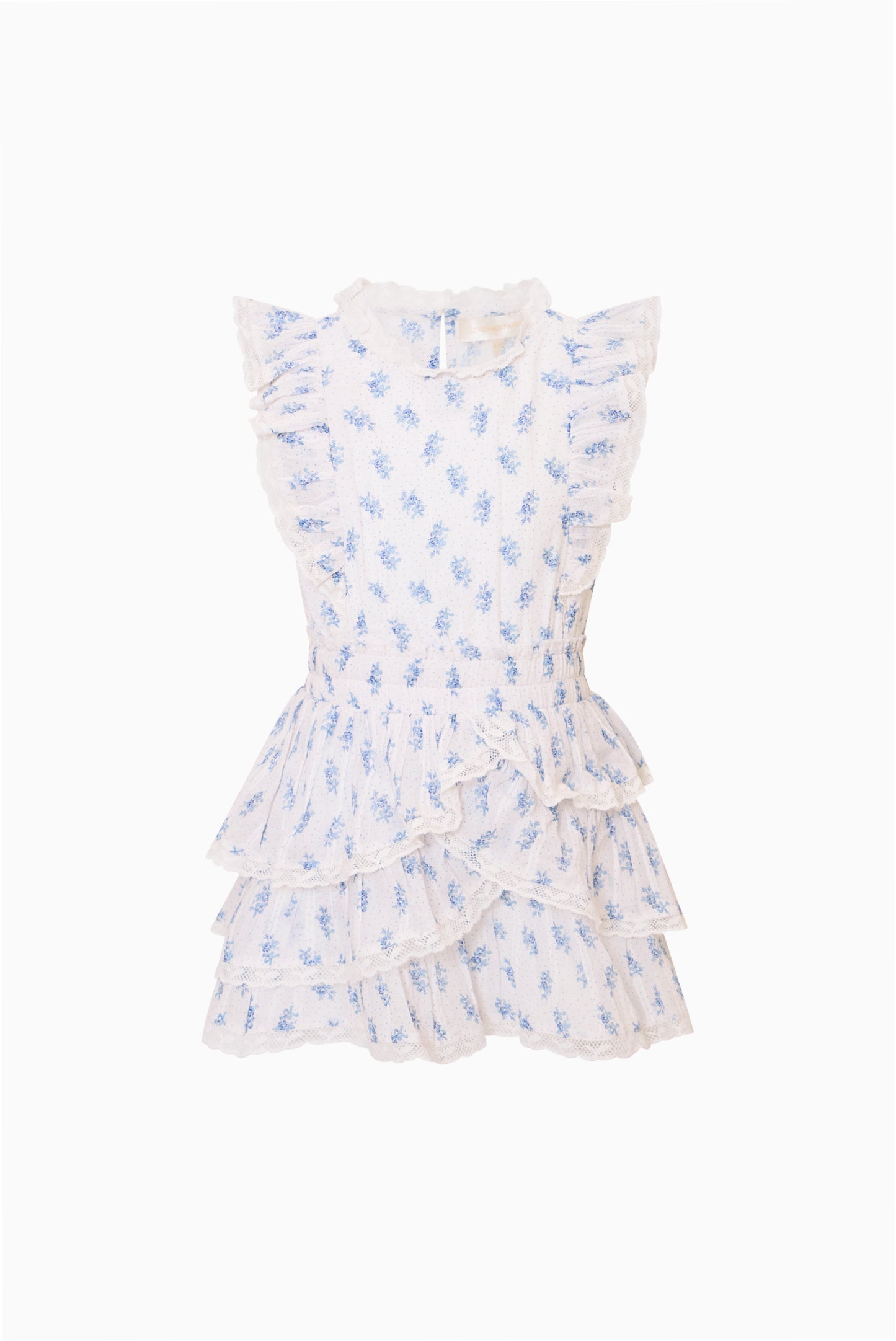 love shack fancy blue floral dress trimmed crew neckline and dramatic diagonal ruffle that flows across the bodice LoveShackFancy Women's LoveShackFancy x Visit