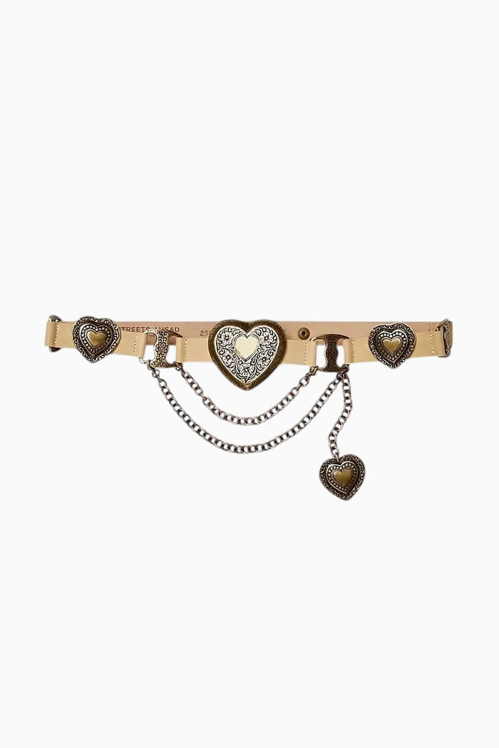 Decorative belt with heart-shaped embellishments on a white background