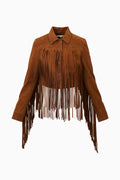 Brown suede fringe jacket on a white background