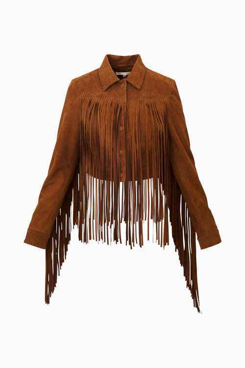 Brown suede fringe jacket on a white background