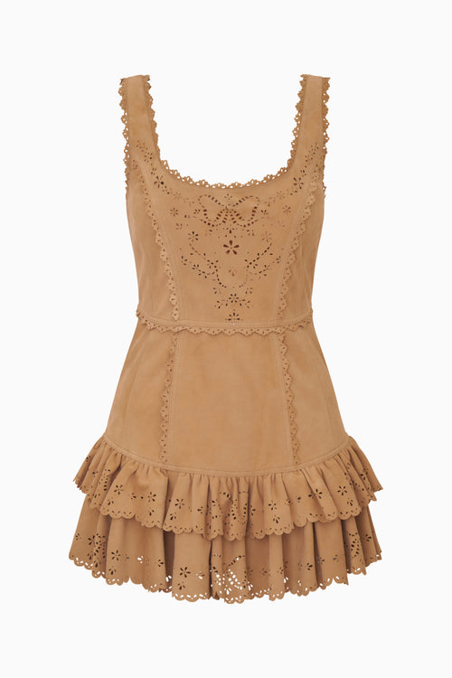 Brown dress with lace details on a white background