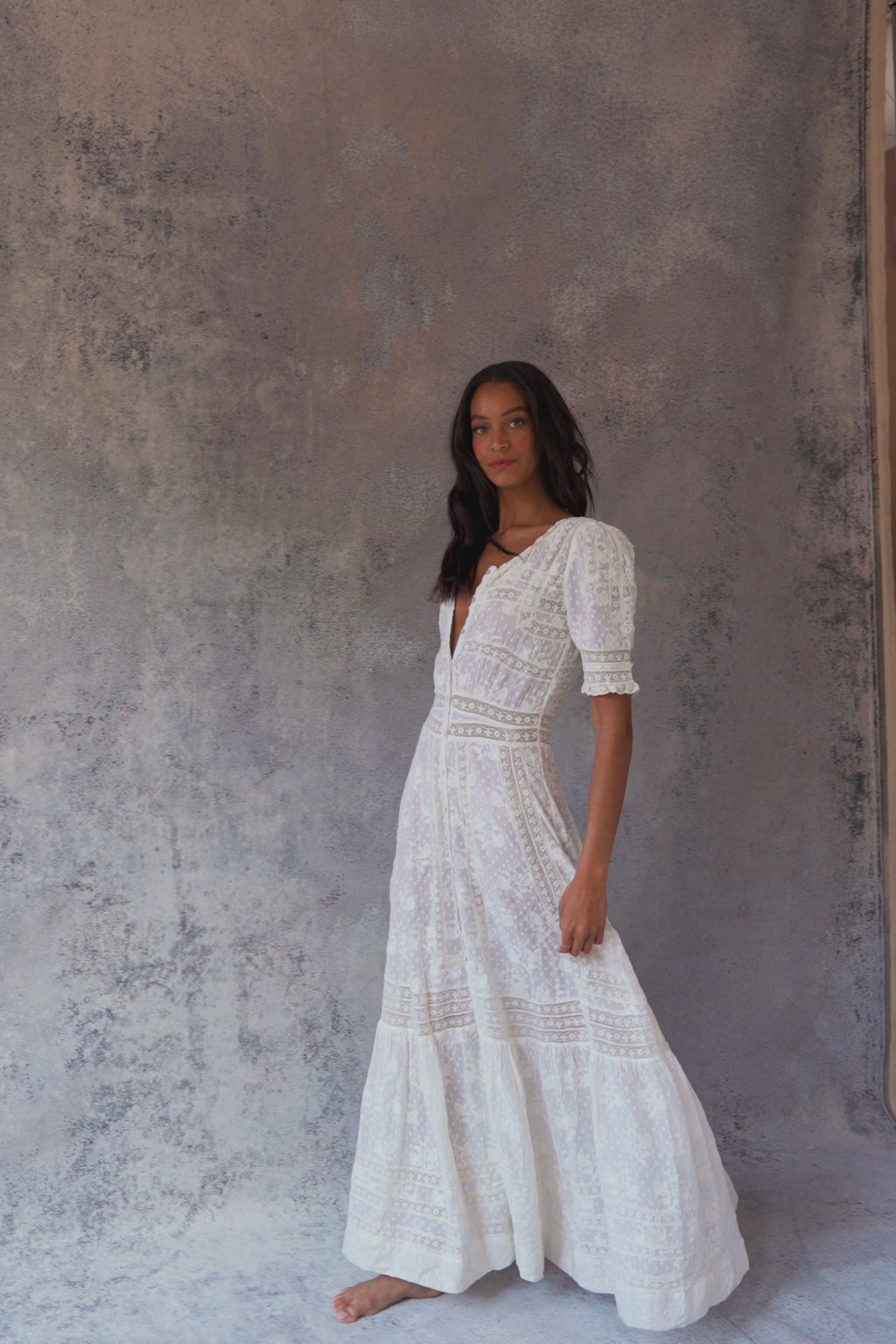 white dress maxi self-portrait - Lace Satin Long Sleeve Fitted waist tops a flaring Kauai Ruffle Tier Maxi Dress