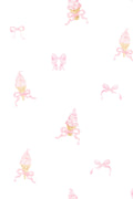 Pattern of ice cream cones with pink bows on a white background