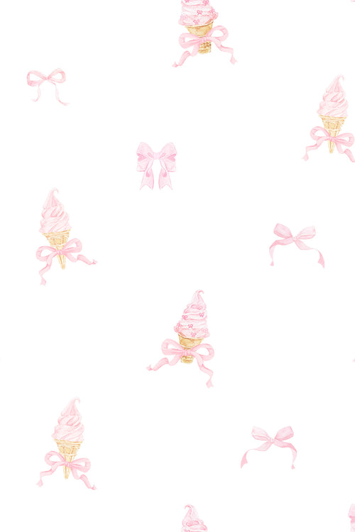 Pattern of ice cream cones with pink bows on a white background
