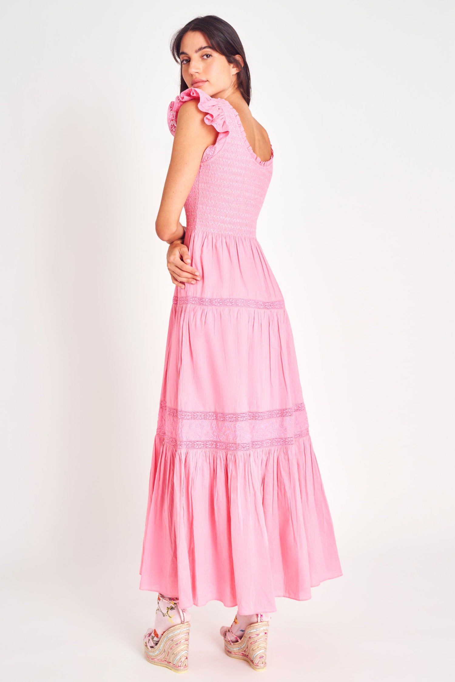 Pink flutter sleeve maxi dress.