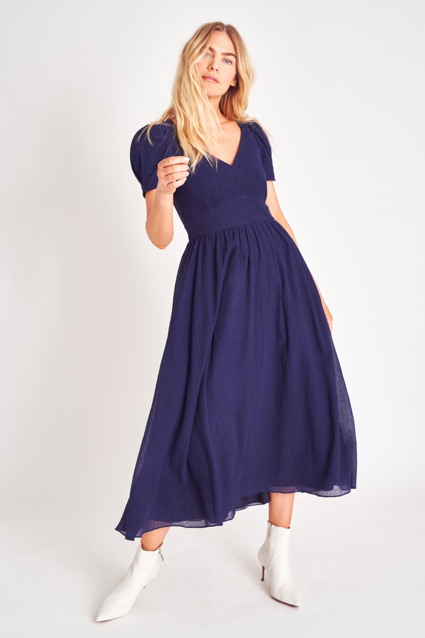 Puff sleeve v neck midi dress with fitted waist.