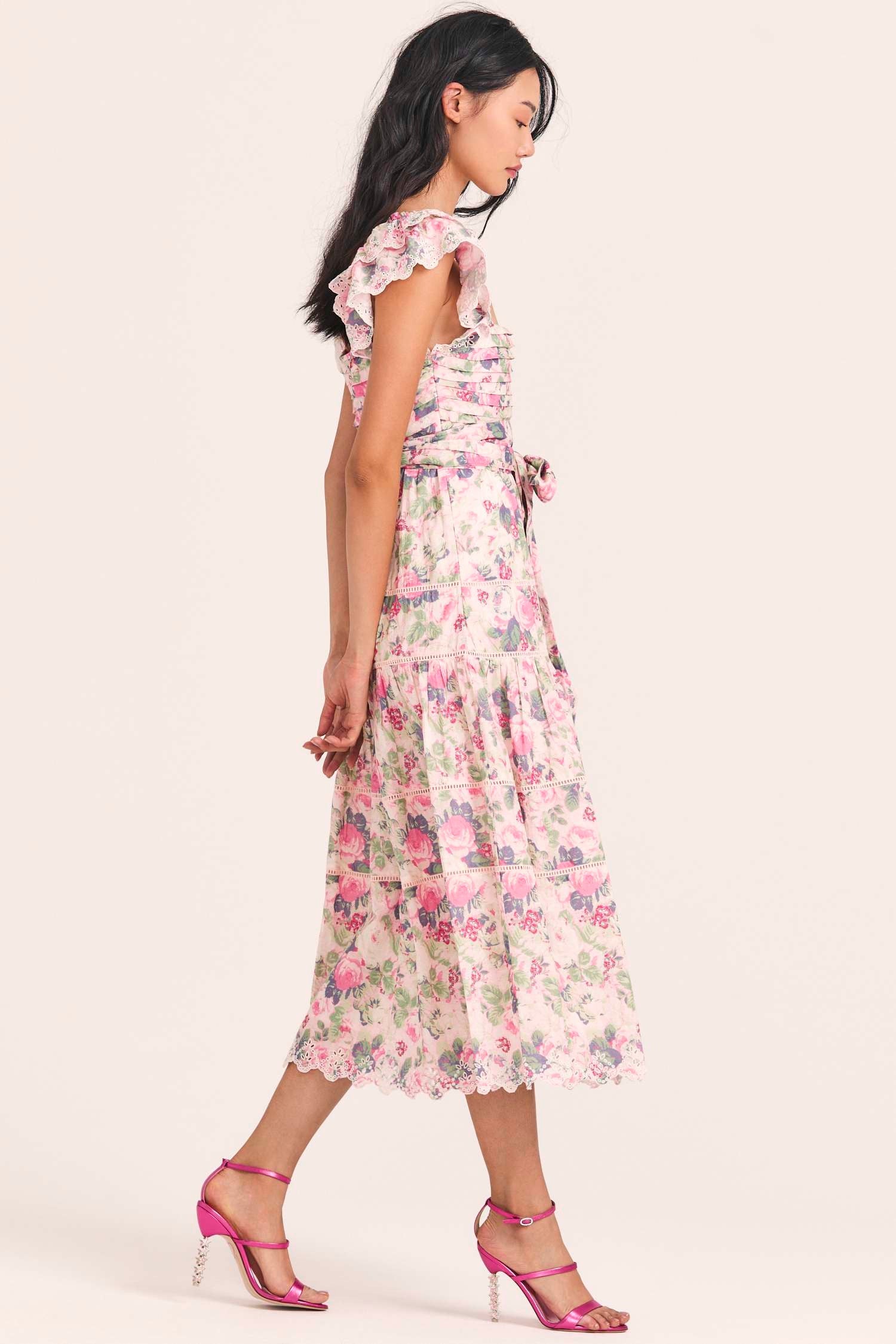 Women's rose print eyelet embroidered maxi dress