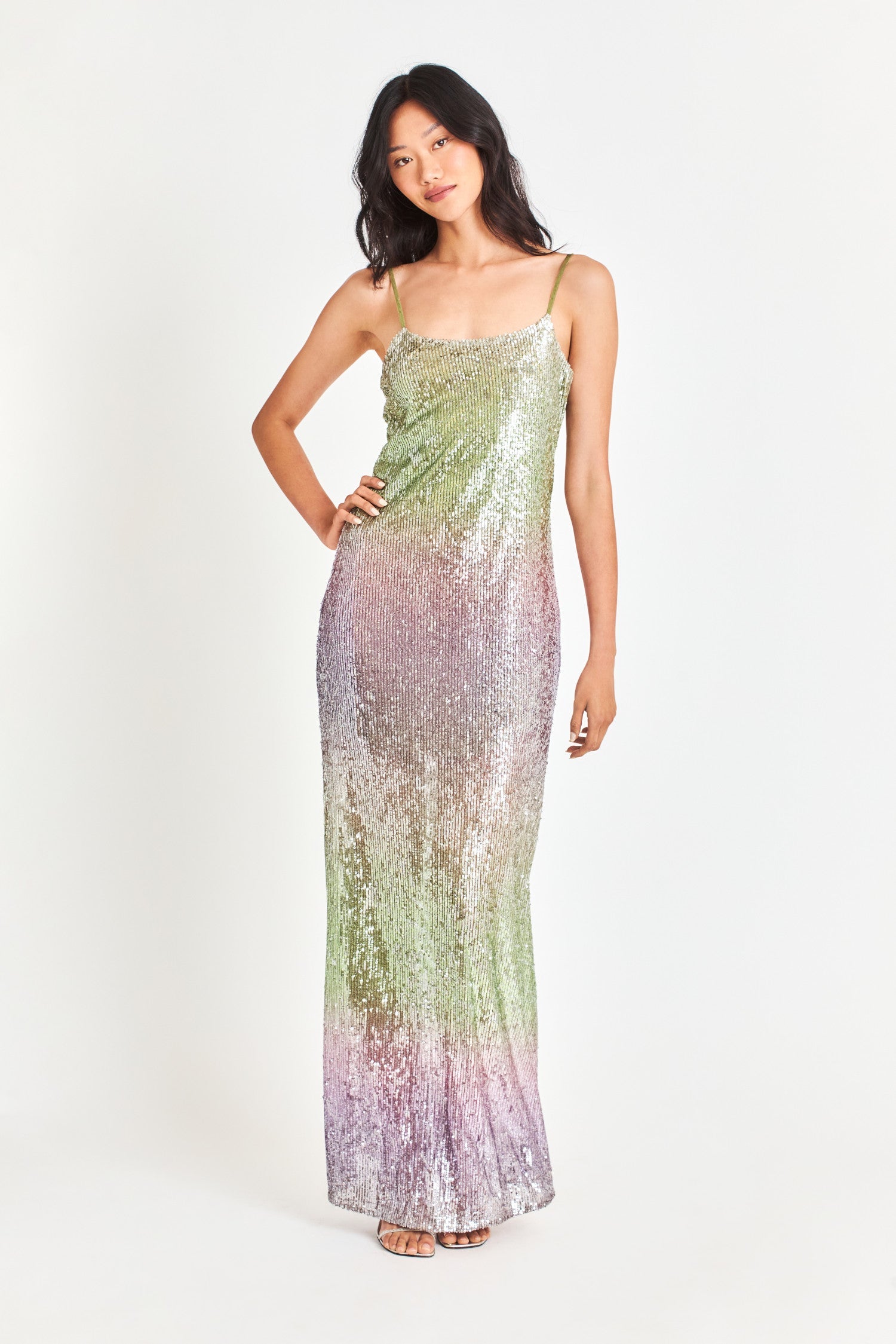Ombre sequins dress features spaghetti straps and a slightly round neckline