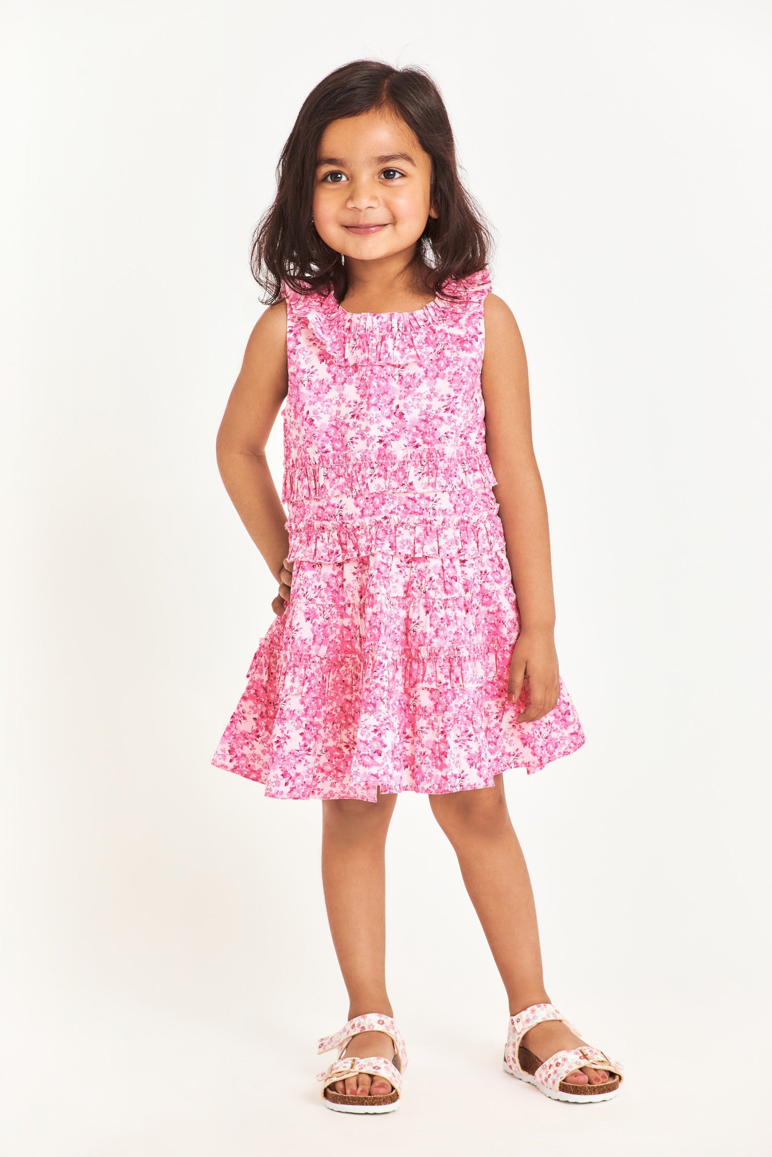 Pink floral kids top with ruffle details