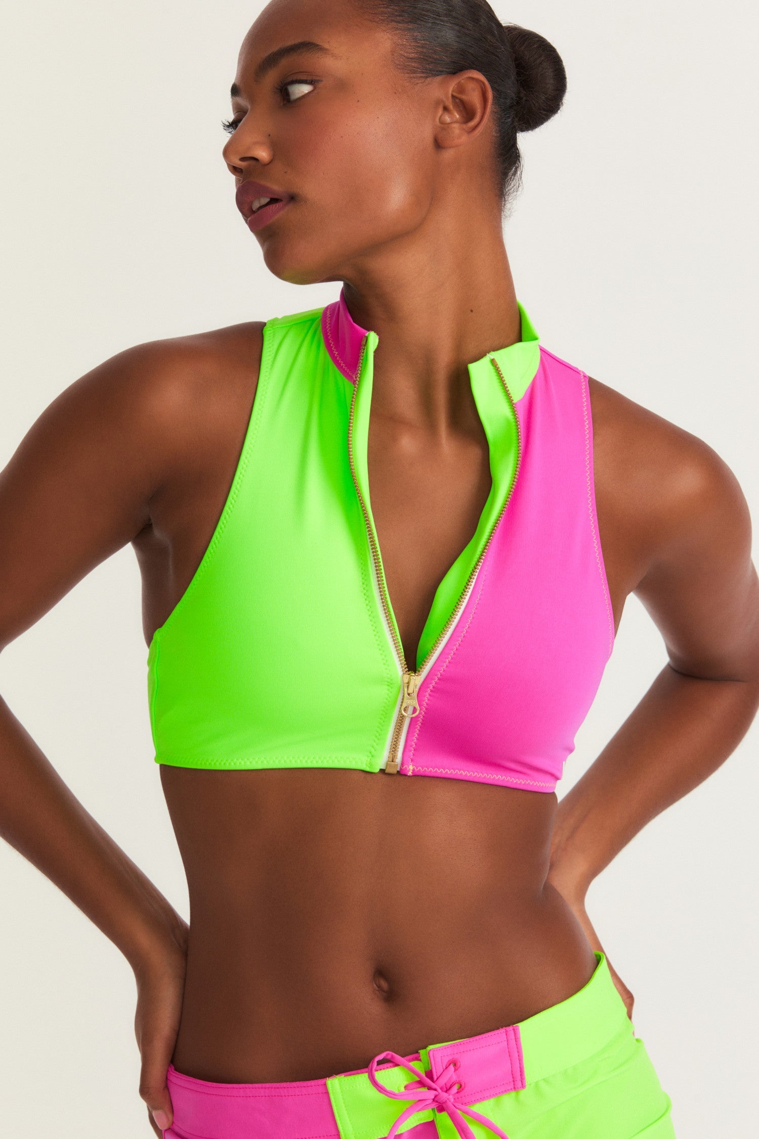 Womens neon pink and green zip up bikini top