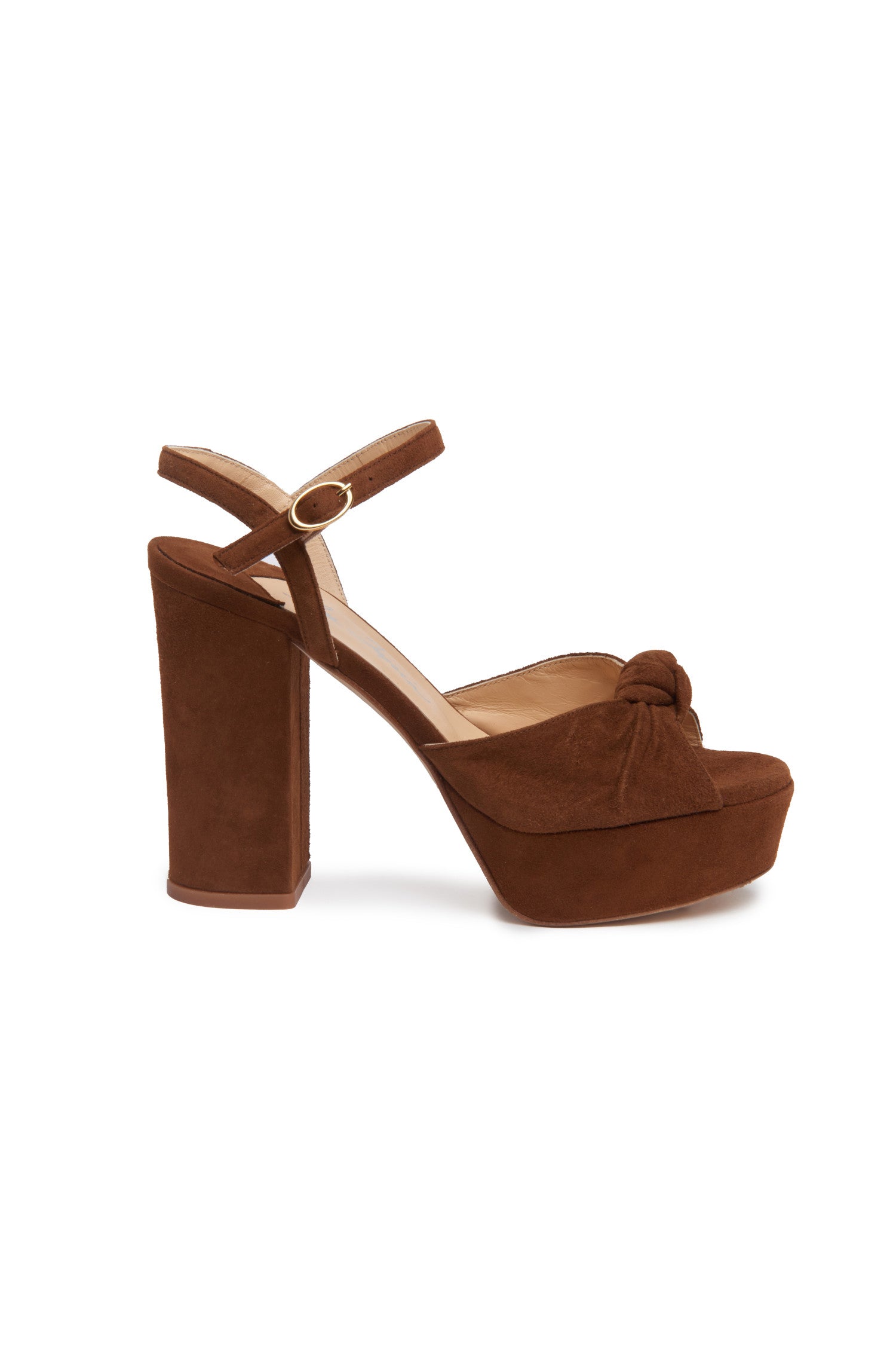 Brown sandal heals with platform and knot on top