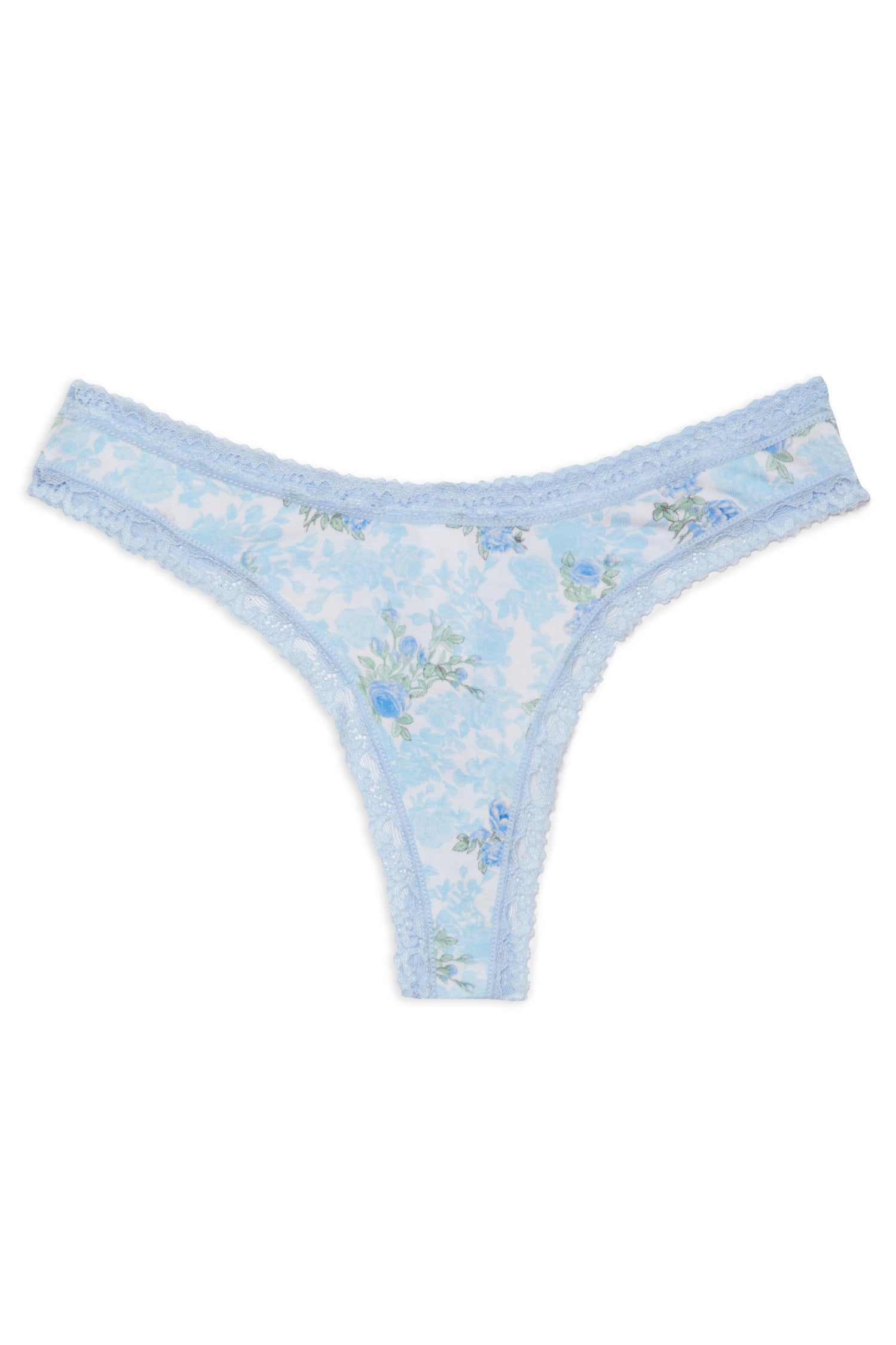 Blue thong set in soft cotton with lace trim