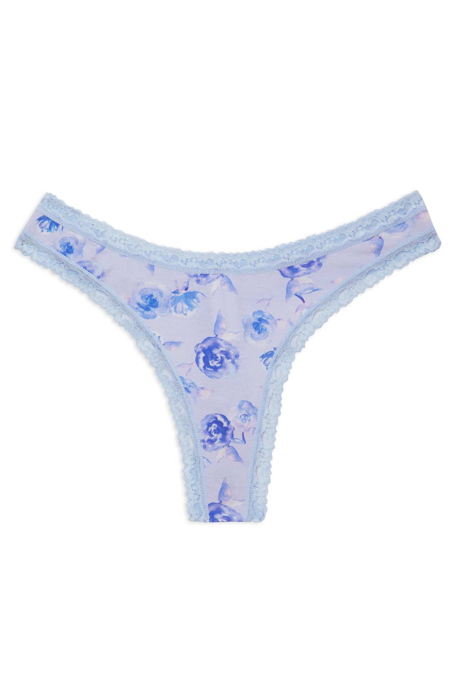 Blue thong set in soft cotton with lace trim