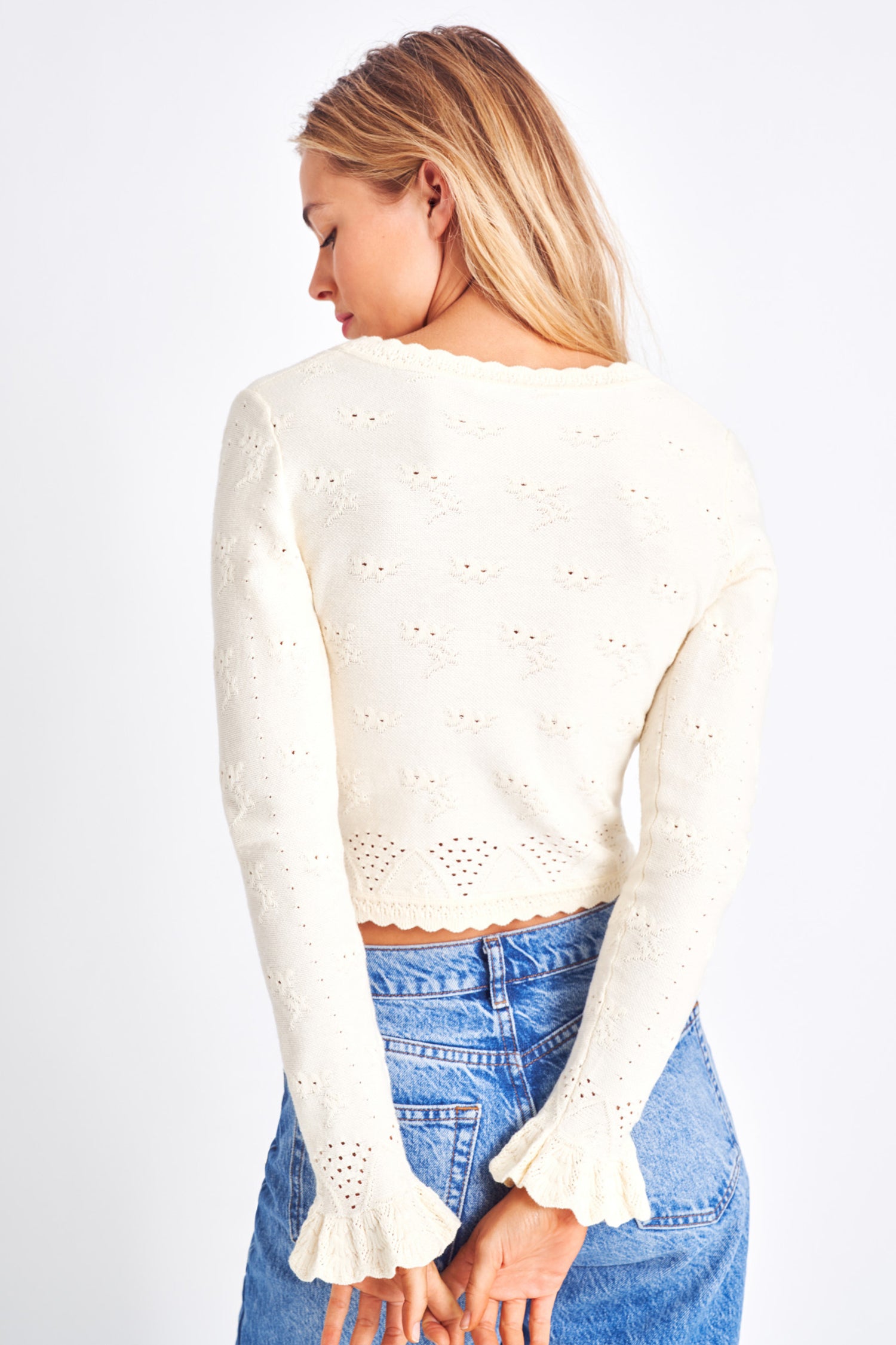 Cream cotton cardigan with ruched and lace detailing