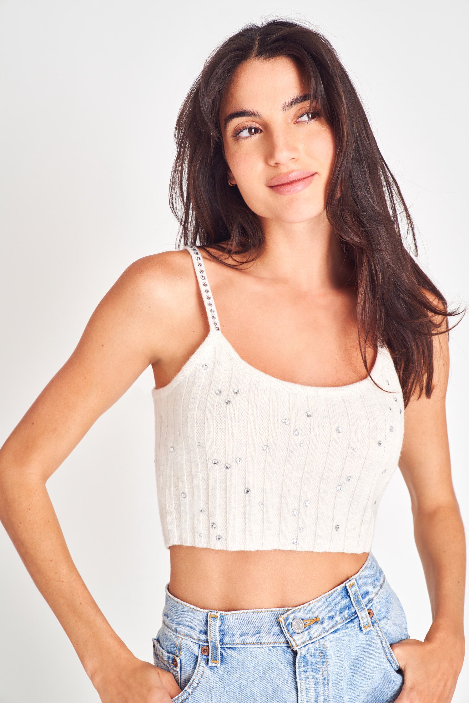 Cashmere-wool blend cami with crystal detailing.