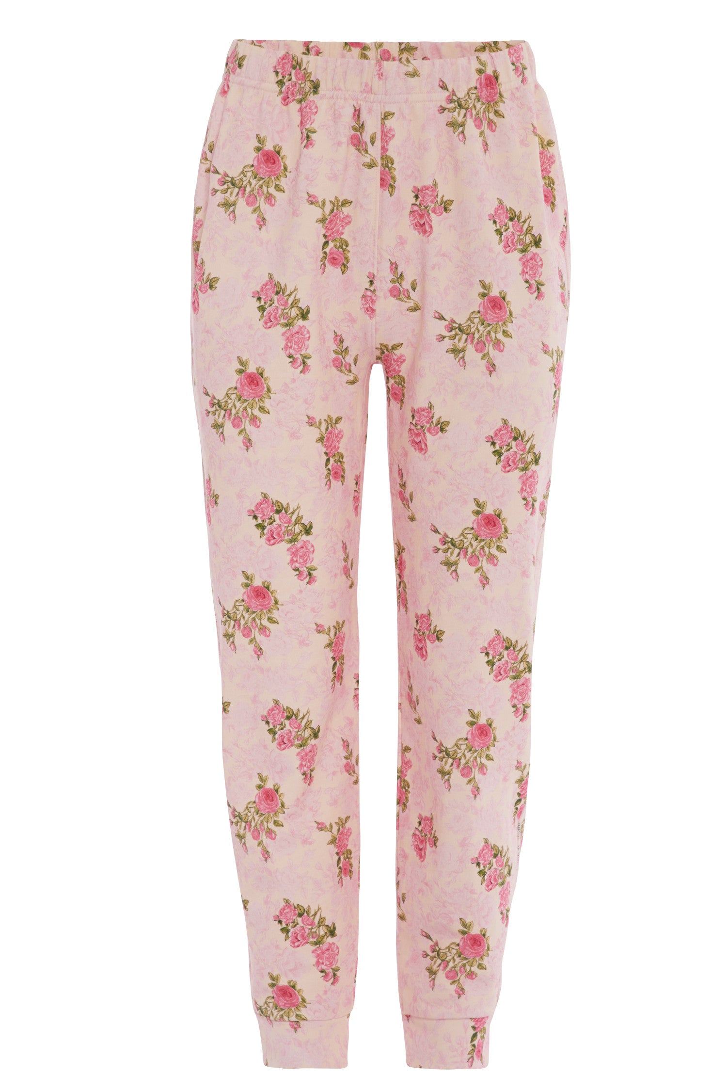 Rosebud sweatpants with rosebud print and tie detailing in front.