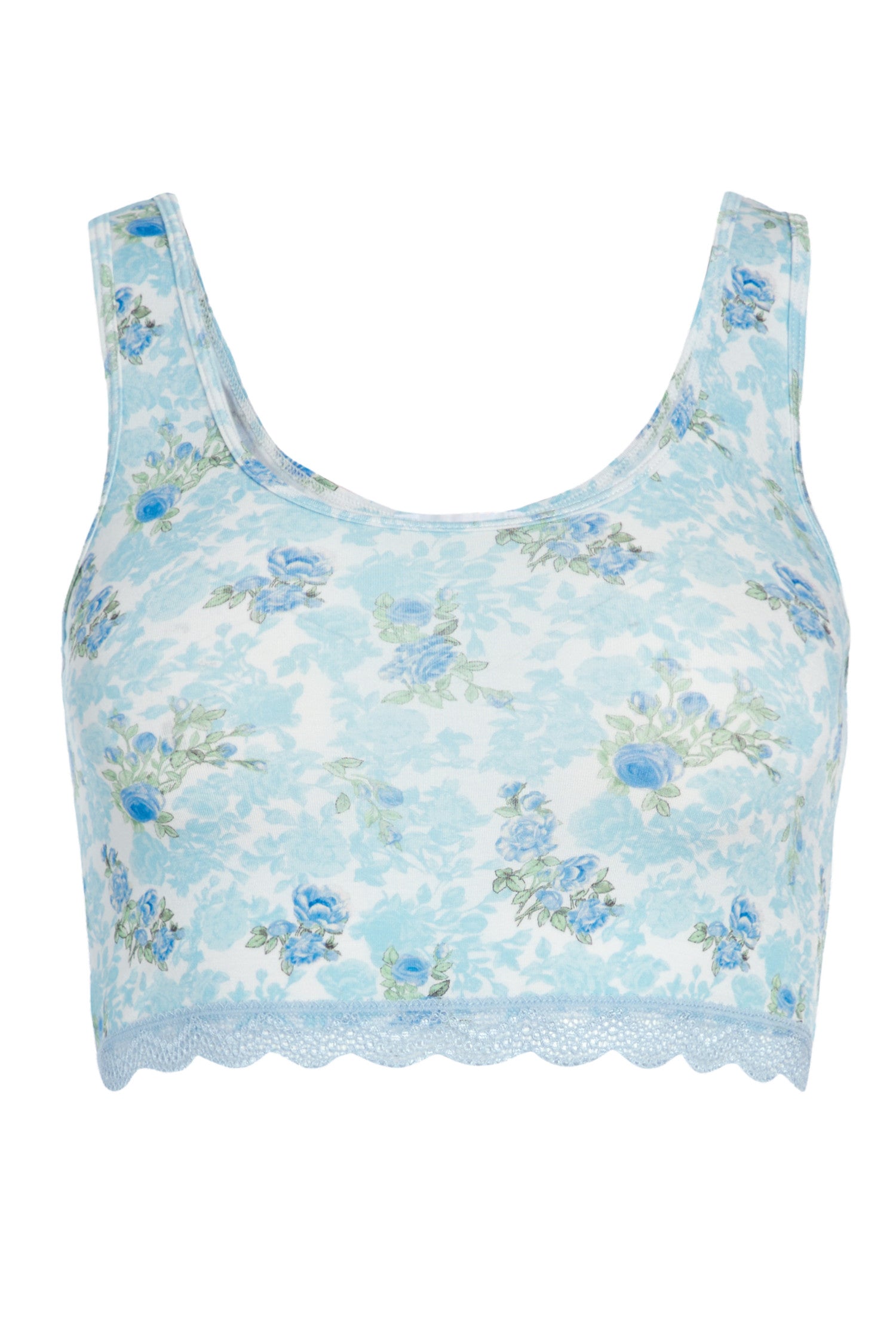Blue floral print bralette and short loungwear set in soft cotton.
