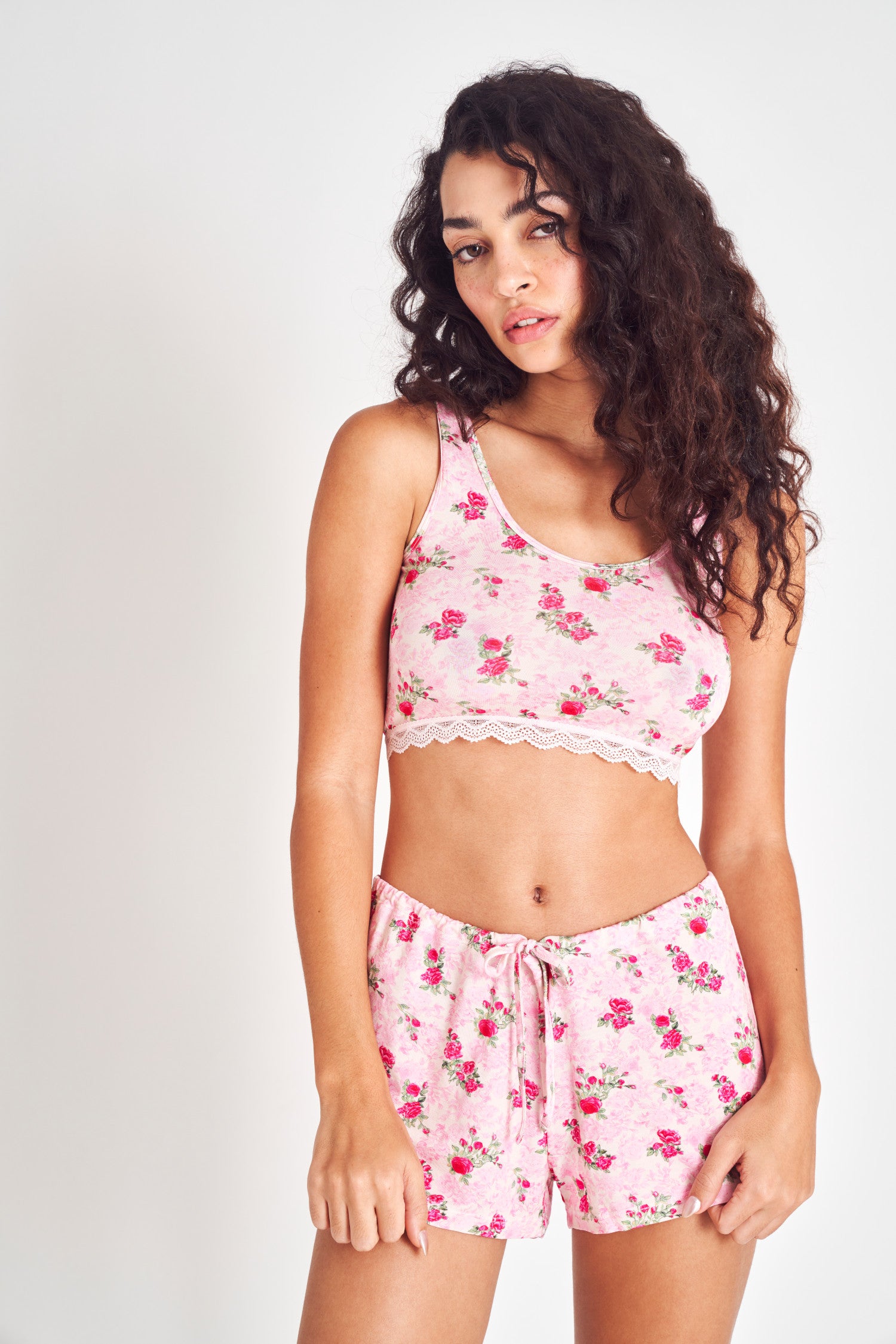 Pink rose print bralette and short loungwear/pajama set in soft cotton. 