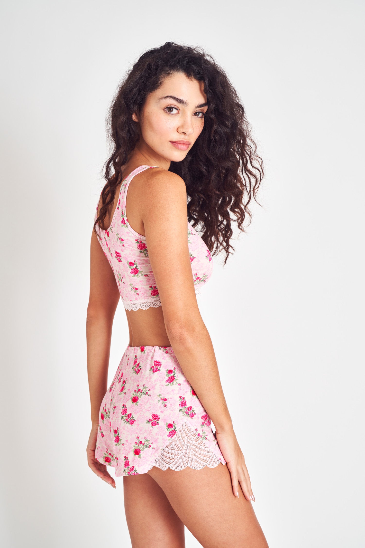Pink rose print bralette and short loungwear/pajama set in soft cotton. 