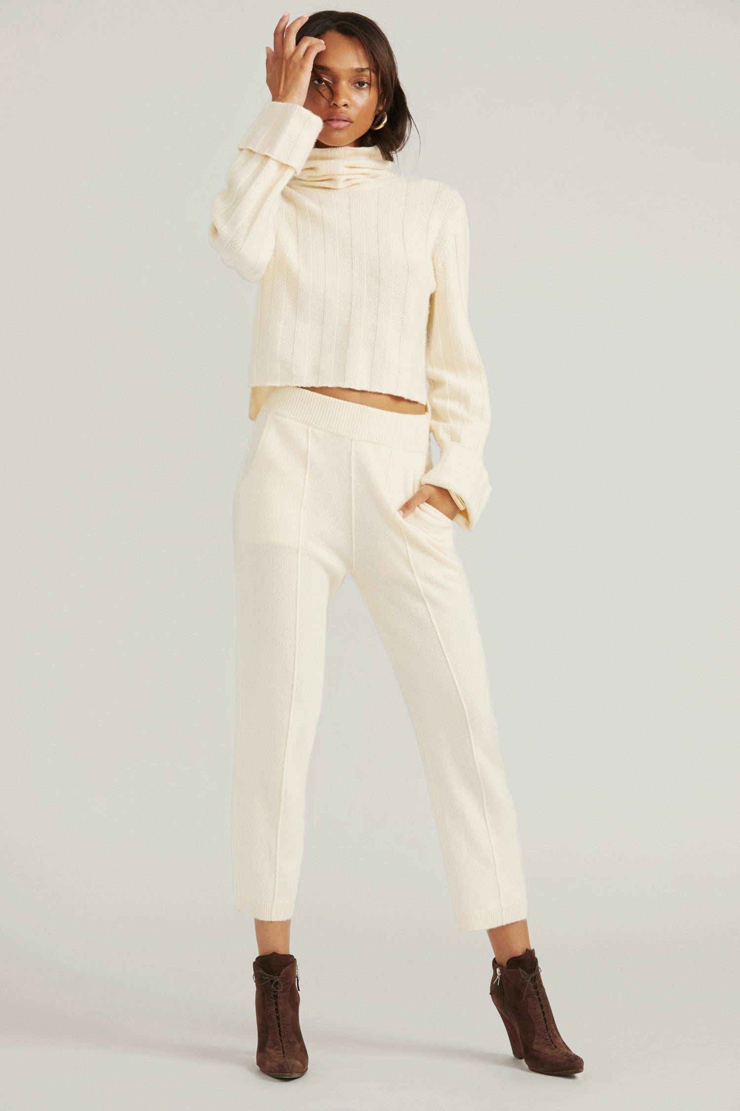 Women's ivory joggers with a slim fit and cropped length