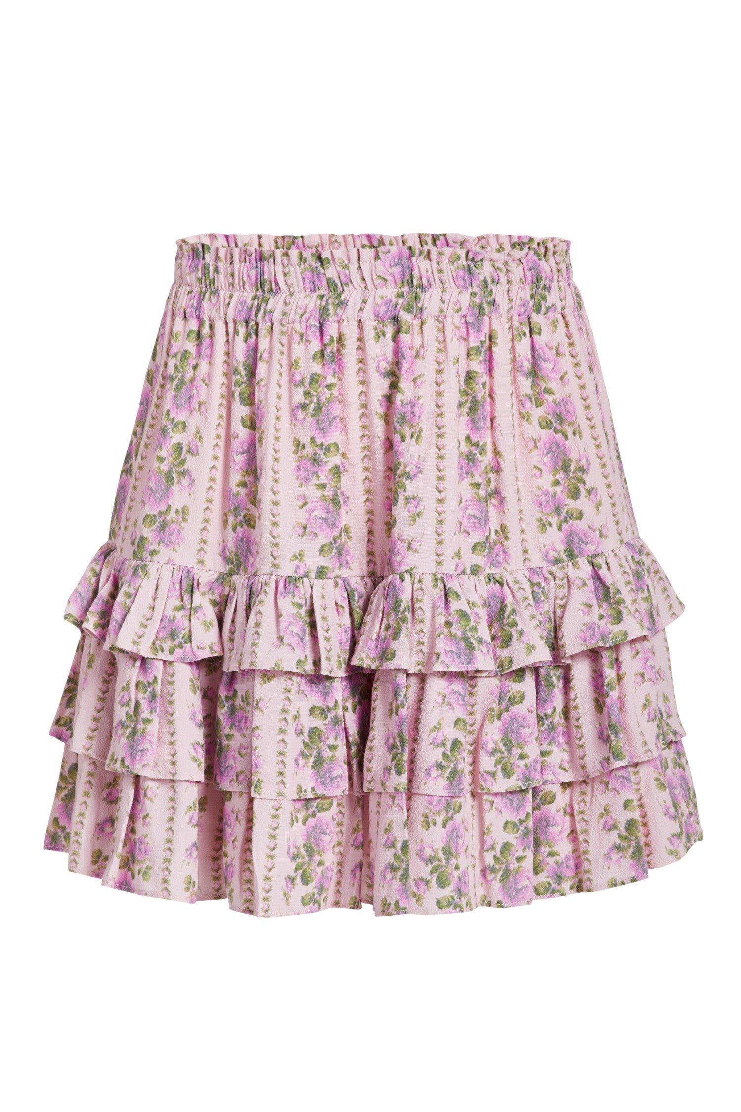 Pink floral mini skirt with crepe fabric, easy shape, elastic waist, and flirty ruffle tiers. 