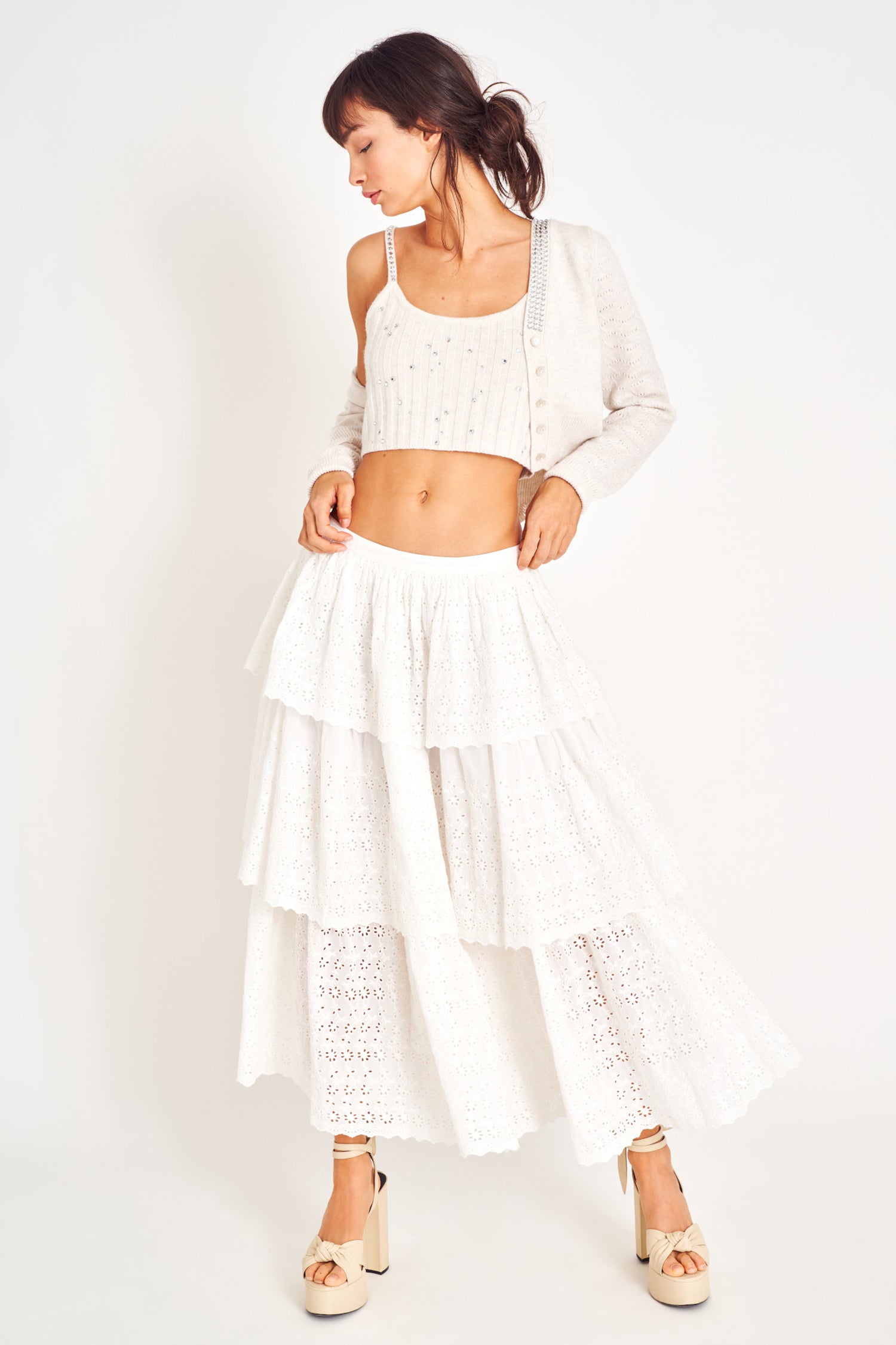 White ruffle lace midi skirt.