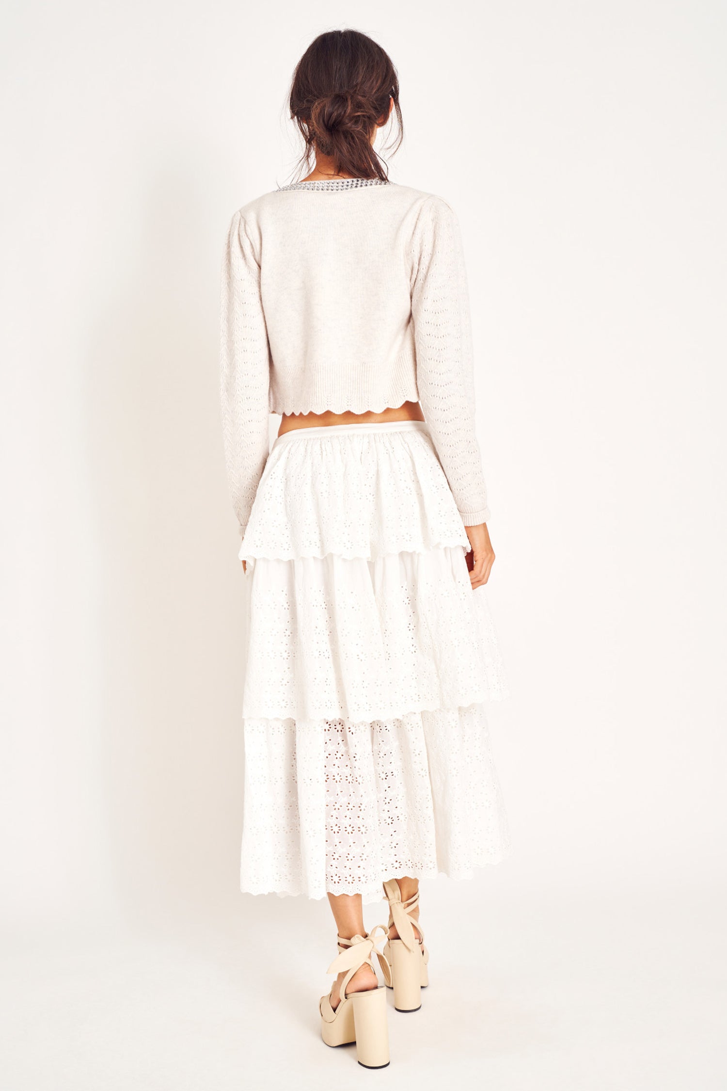 White ruffle lace midi skirt.