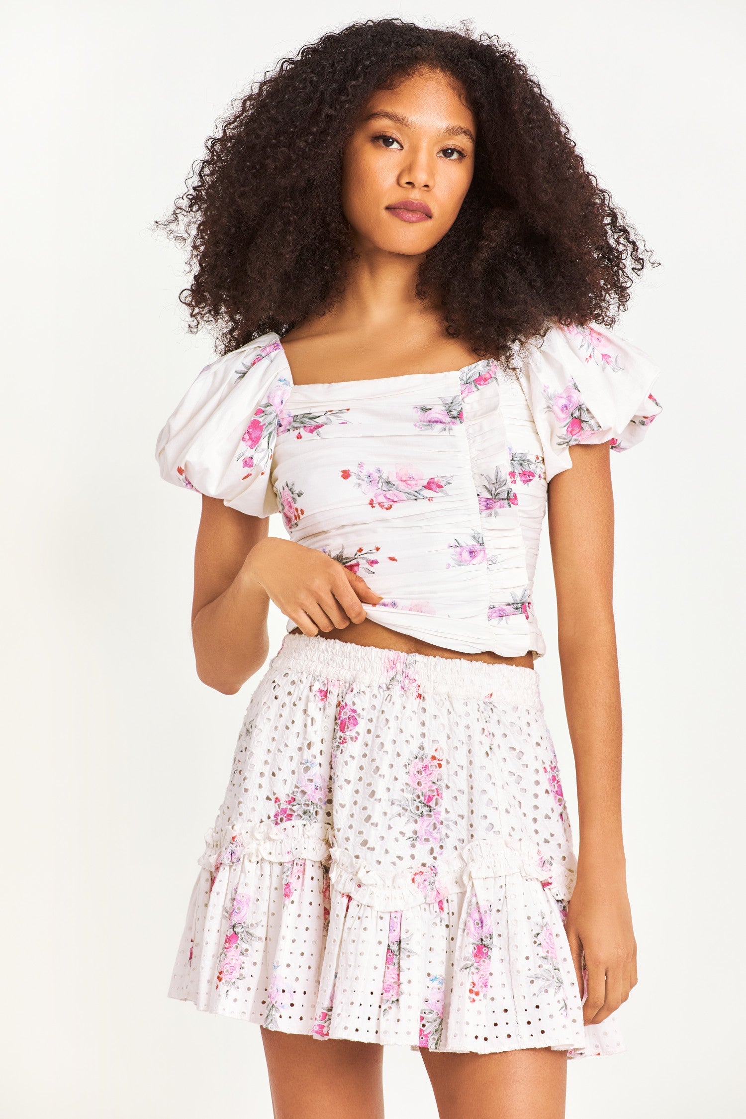 White floral skirt with printed eyelet cotton