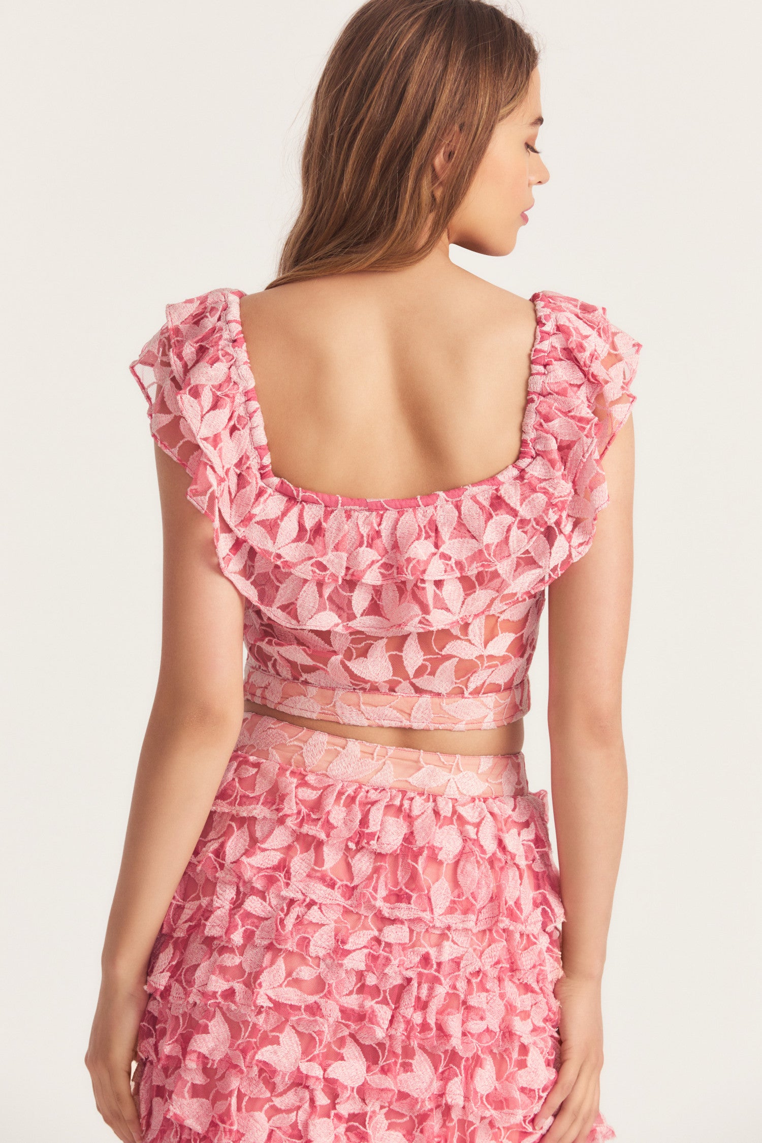 Womens pink custom petal lace crop top