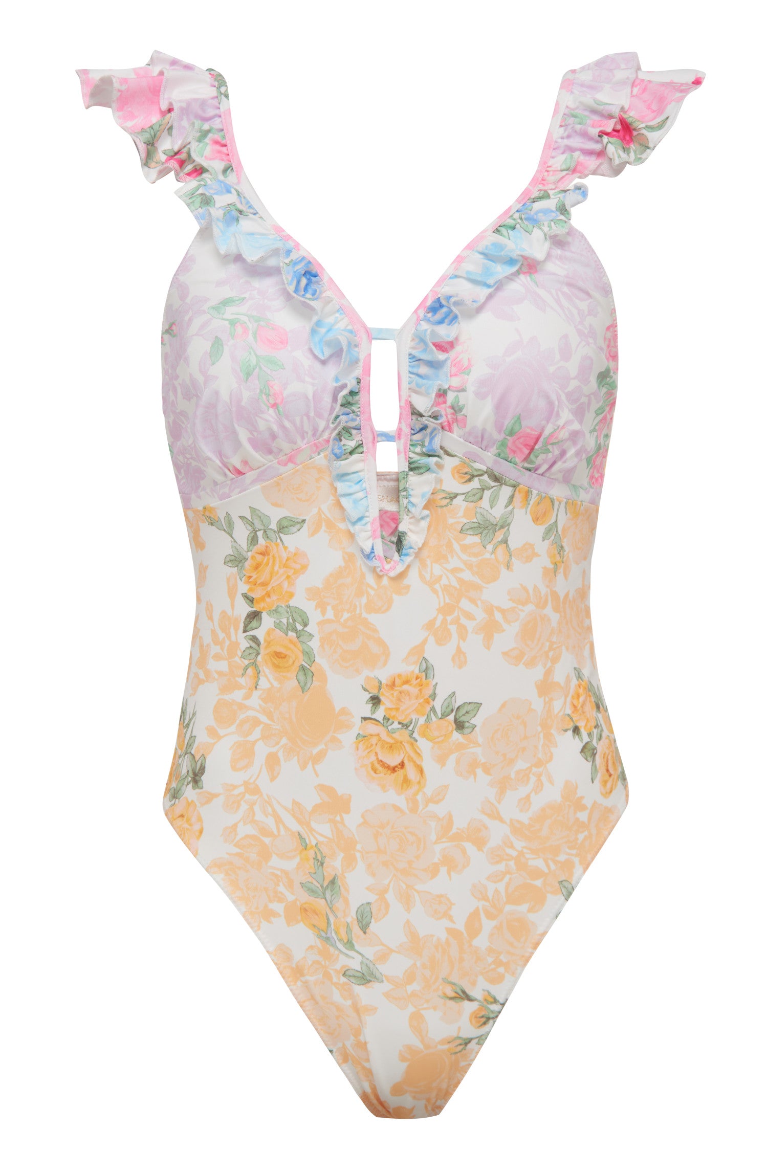 Floral ruffle one piece with keyhole center.
