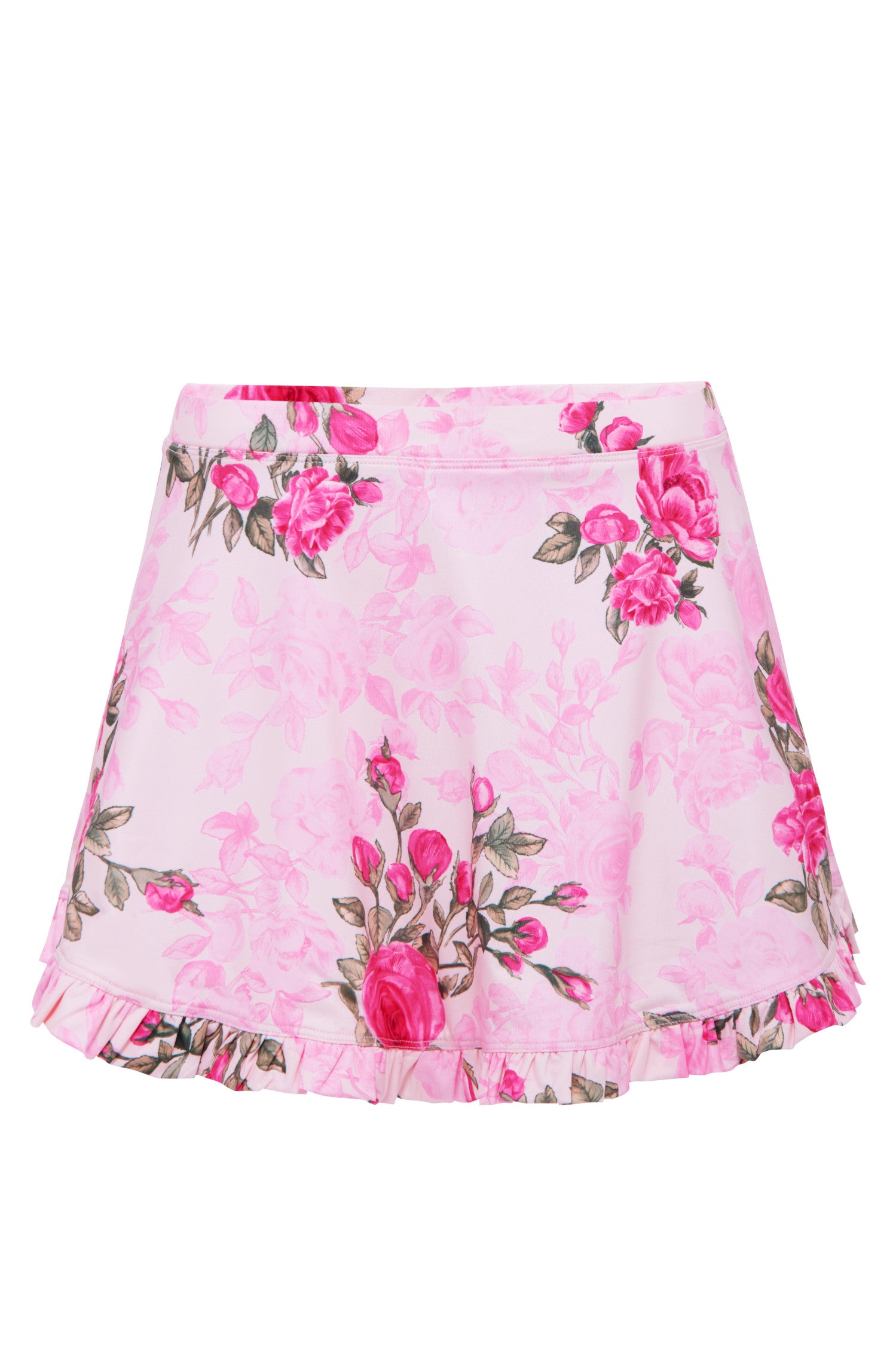 Pink floral mini skirt with ruffle hem.