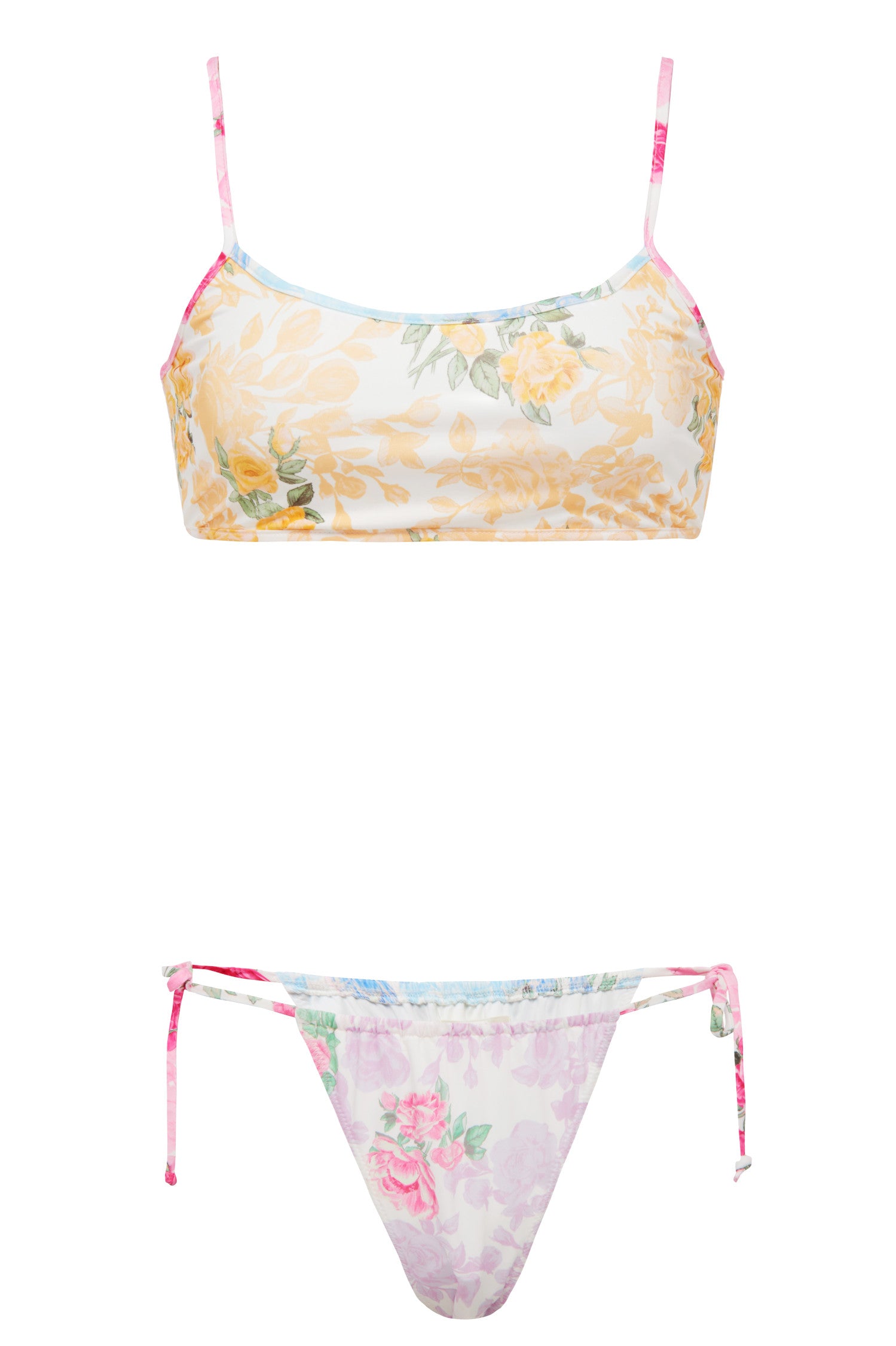 Floral scoop neck top and cheeky side tie bottoms.