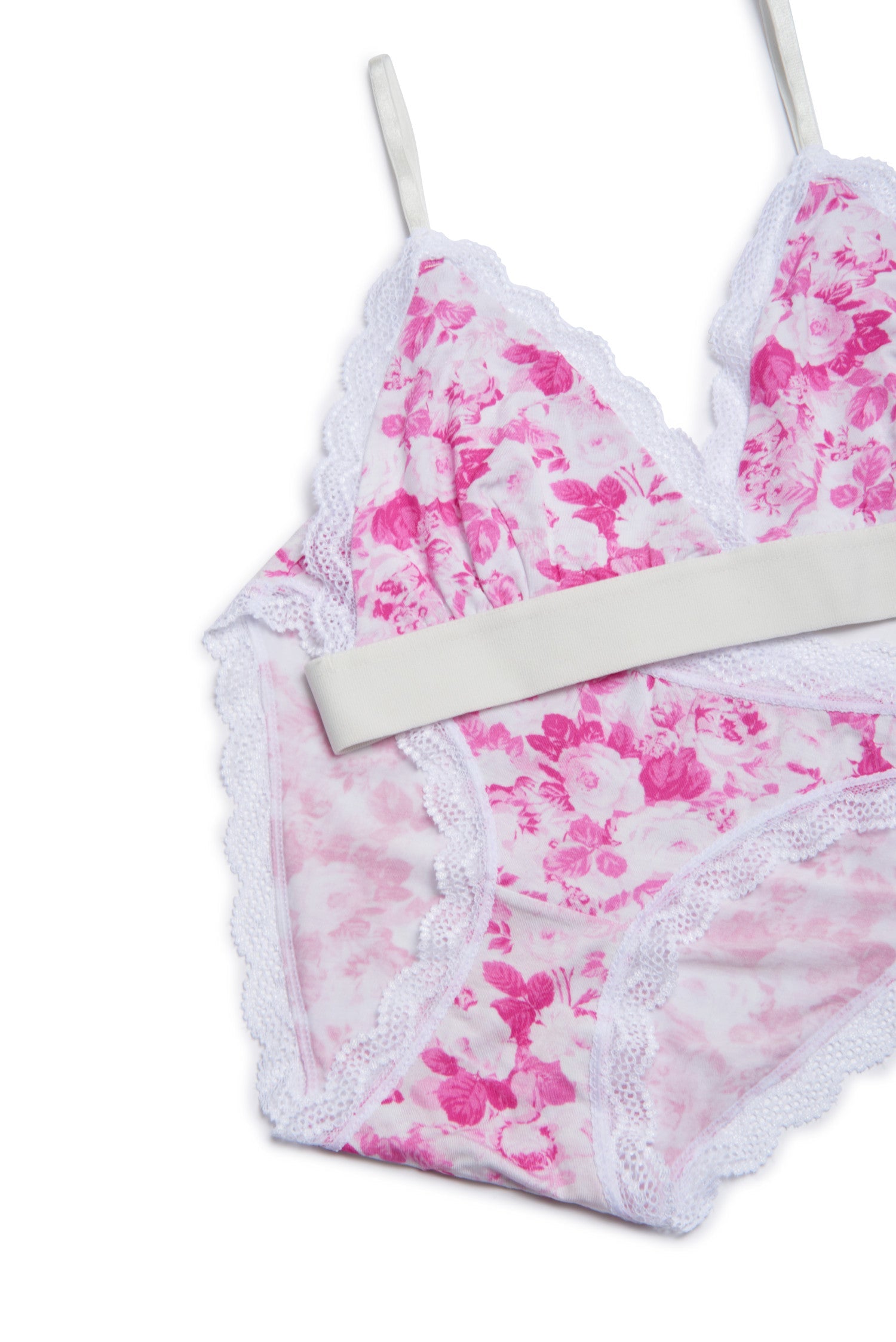 Womens sustainable pink floral lace bralette and knicker set
